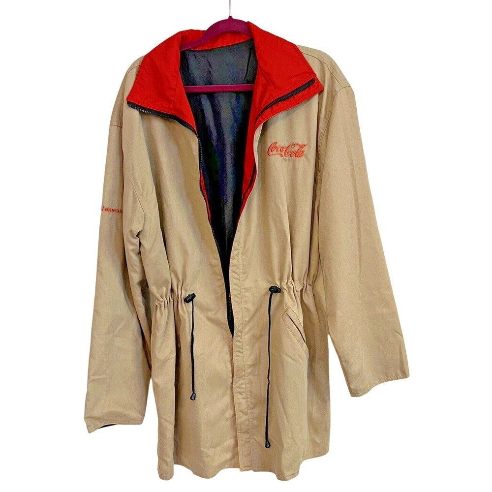 Coca Cola Trench Coat Mens XL KOF Venezuela Coke Tan long Khaki Vintage